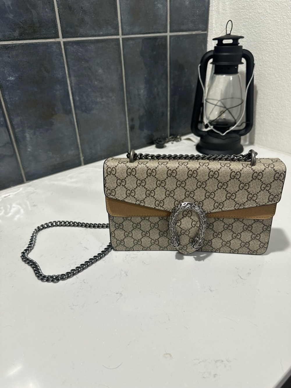 Gucci GG Canvas Crossbody with Tan Trim and Silver Chain